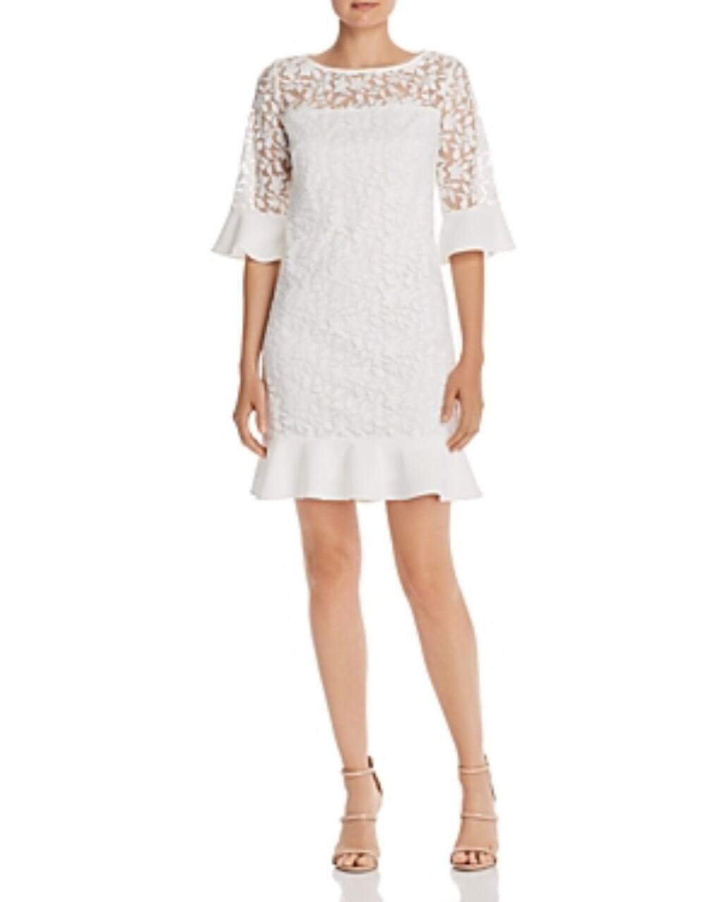 Adrianna Papell White Cocktail Dress Floral Lace Ruffled Mini Sheath Size 6